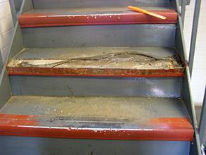 Damage and wear to steps resulting in trip hazards and loss of grip system Damage and wear to steps resulting in trip hazards and loss of grip system